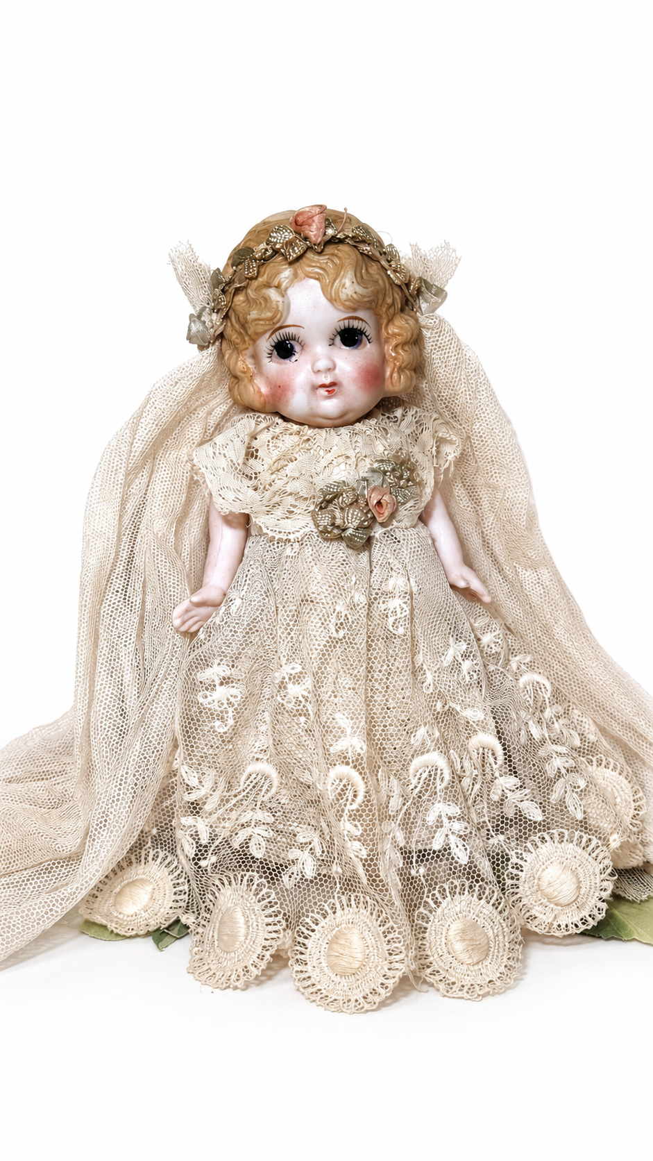 Antique Japanese All-Bisque Doll, 7.5″ — Molded Blonde Hair, Large Painted Eyes, Made in Japan, c. 1920s–1930s — antique bisque doll for sale