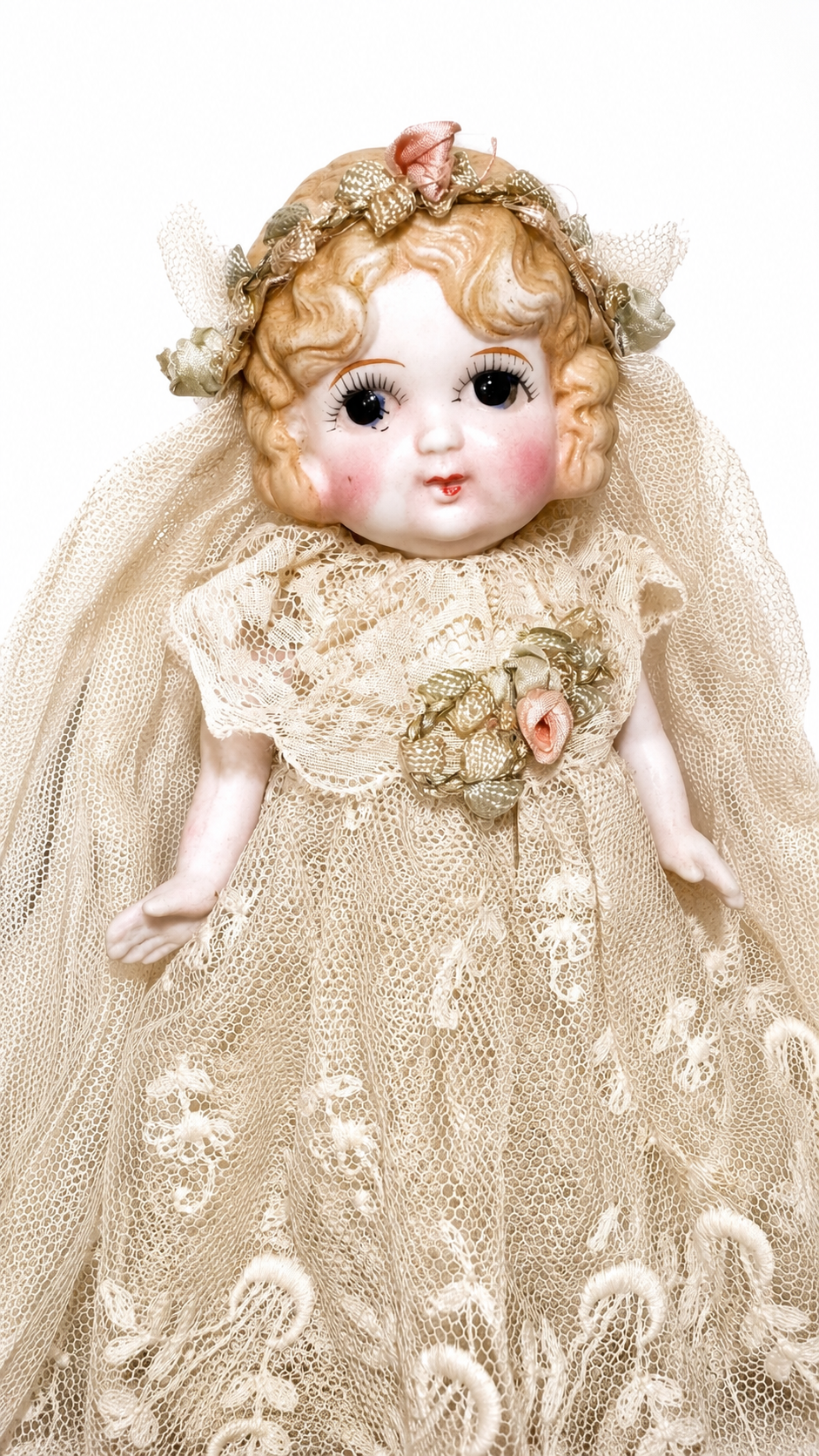 Antique Japanese All-Bisque Doll, 7.5″ — Molded Blonde Hair, Large Painted Eyes, Made in Japan, c. 1920s–1930s — antique doll for collectors