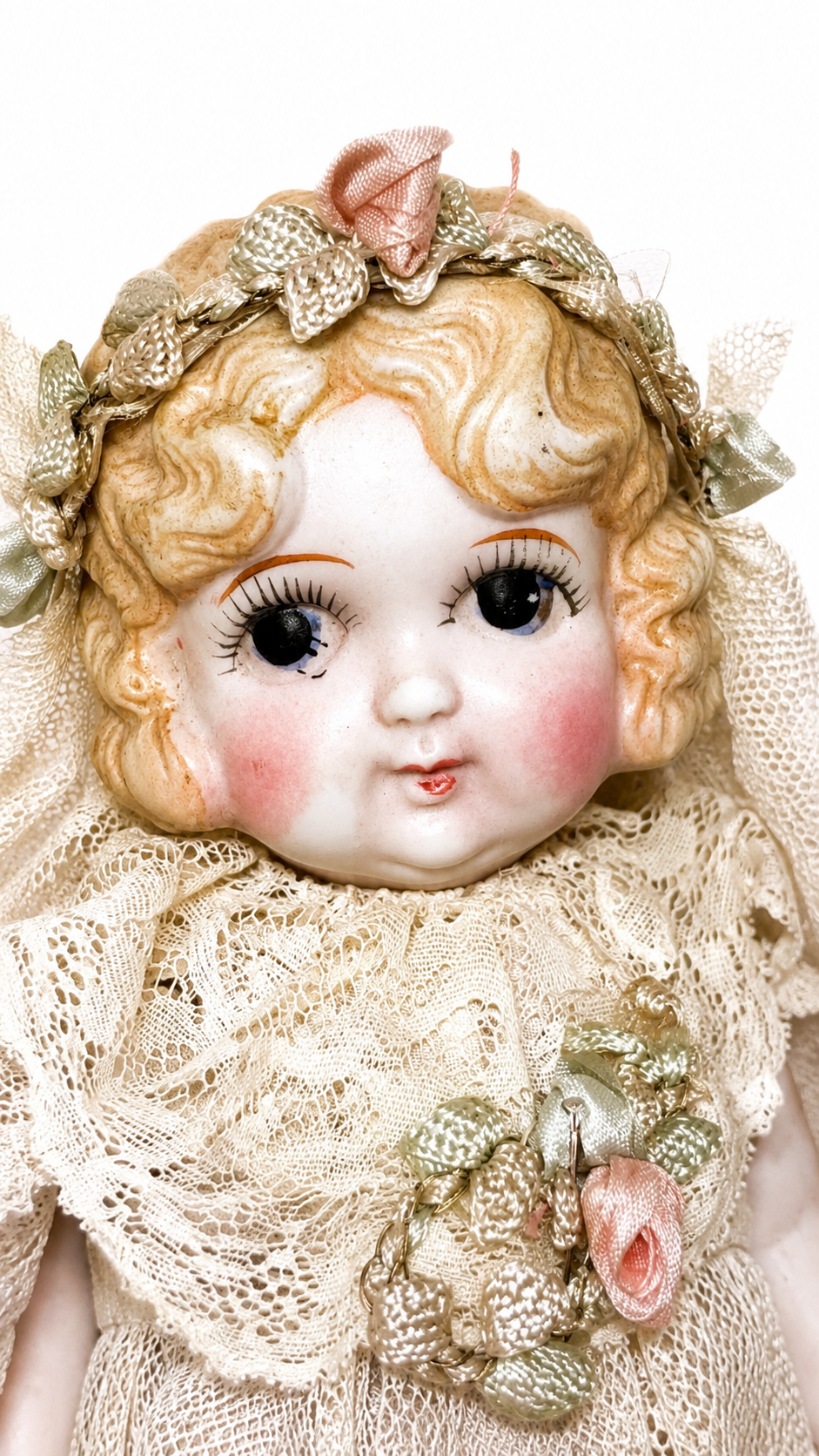 Antique Japanese All-Bisque Doll, 7.5″ — Molded Blonde Hair, Large Painted Eyes, Made in Japan, c. 1920s–1930s — antique bisque doll for sale