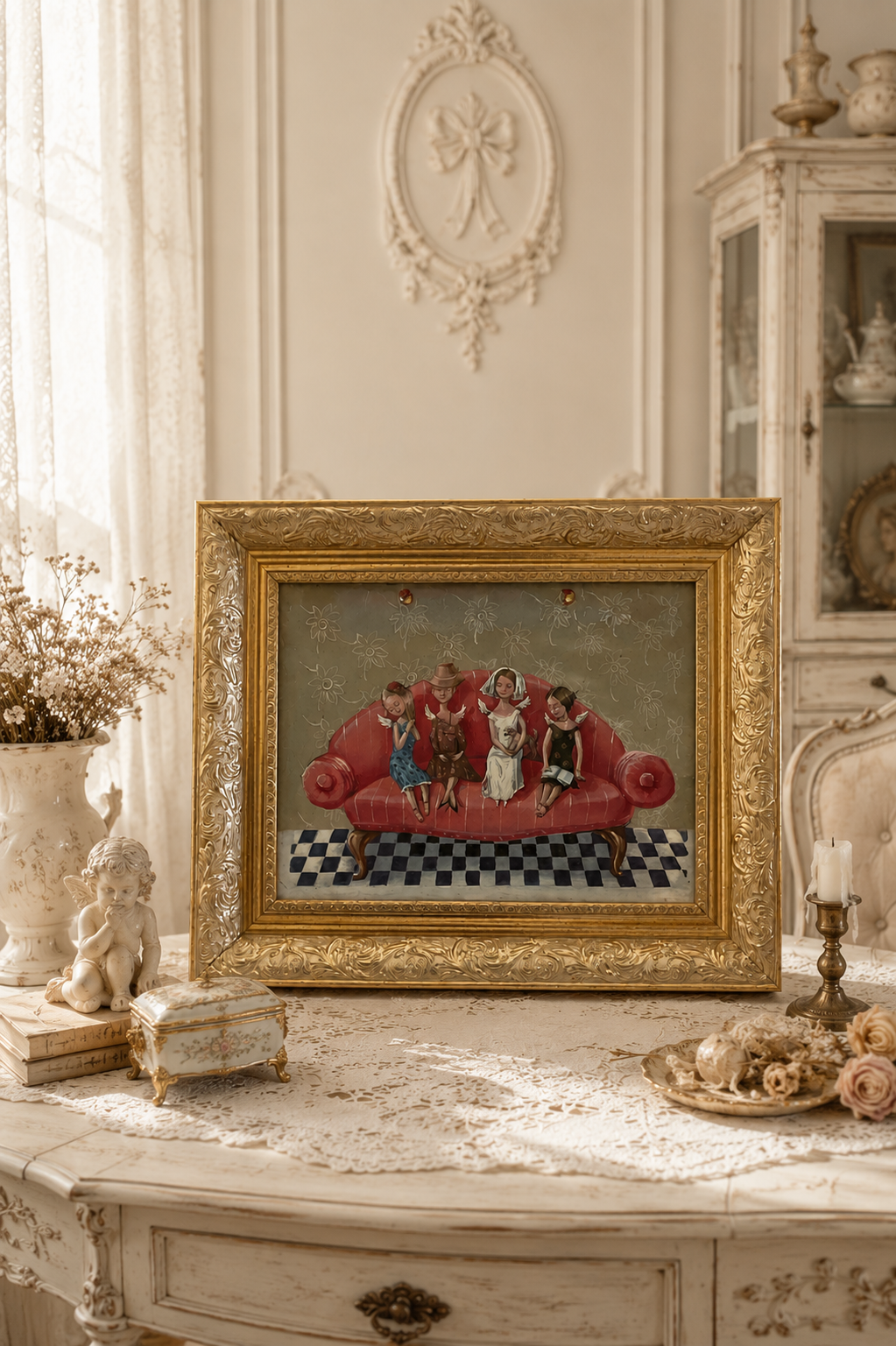 Contemporary Vintage-Style Acrylic Painting in Ornate Gilt Frame — A Beautiful Gift for Any Occasion