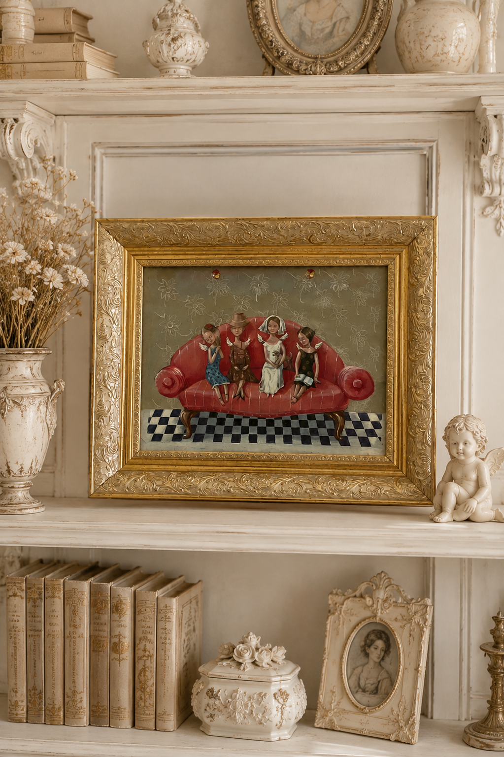Contemporary Vintage-Style Acrylic Painting in Ornate Gilt Frame — A Beautiful Gift for Any Occasion