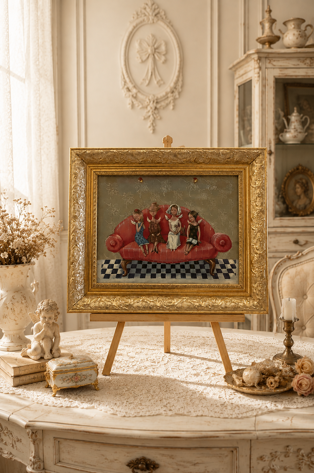 Contemporary Vintage-Style Acrylic Painting in Ornate Gilt Frame — A Beautiful Gift for Any Occasion