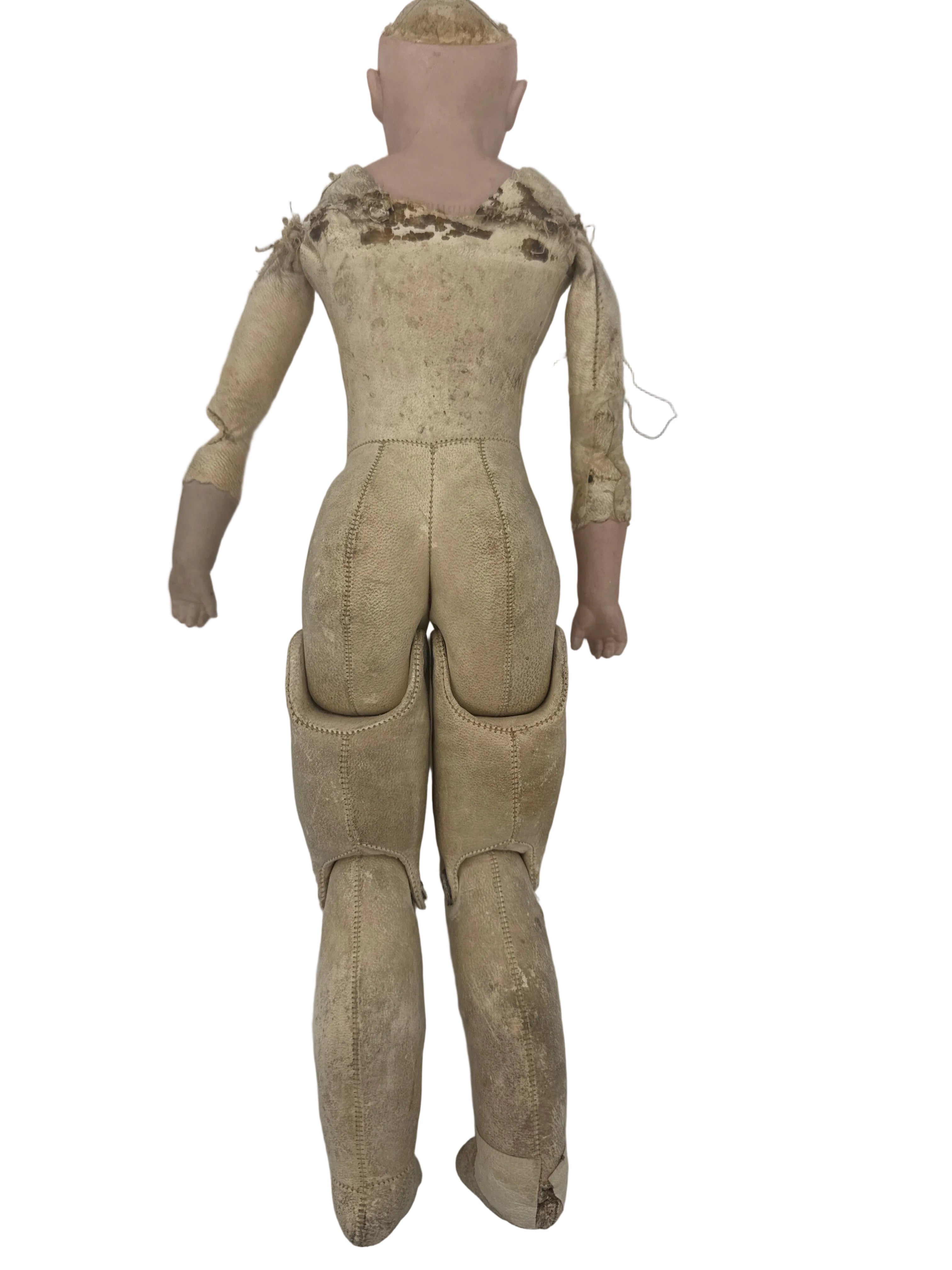 Antique German Kestner Bisque Doll with Original Leather Body, 17 Inches, Late 19th Century