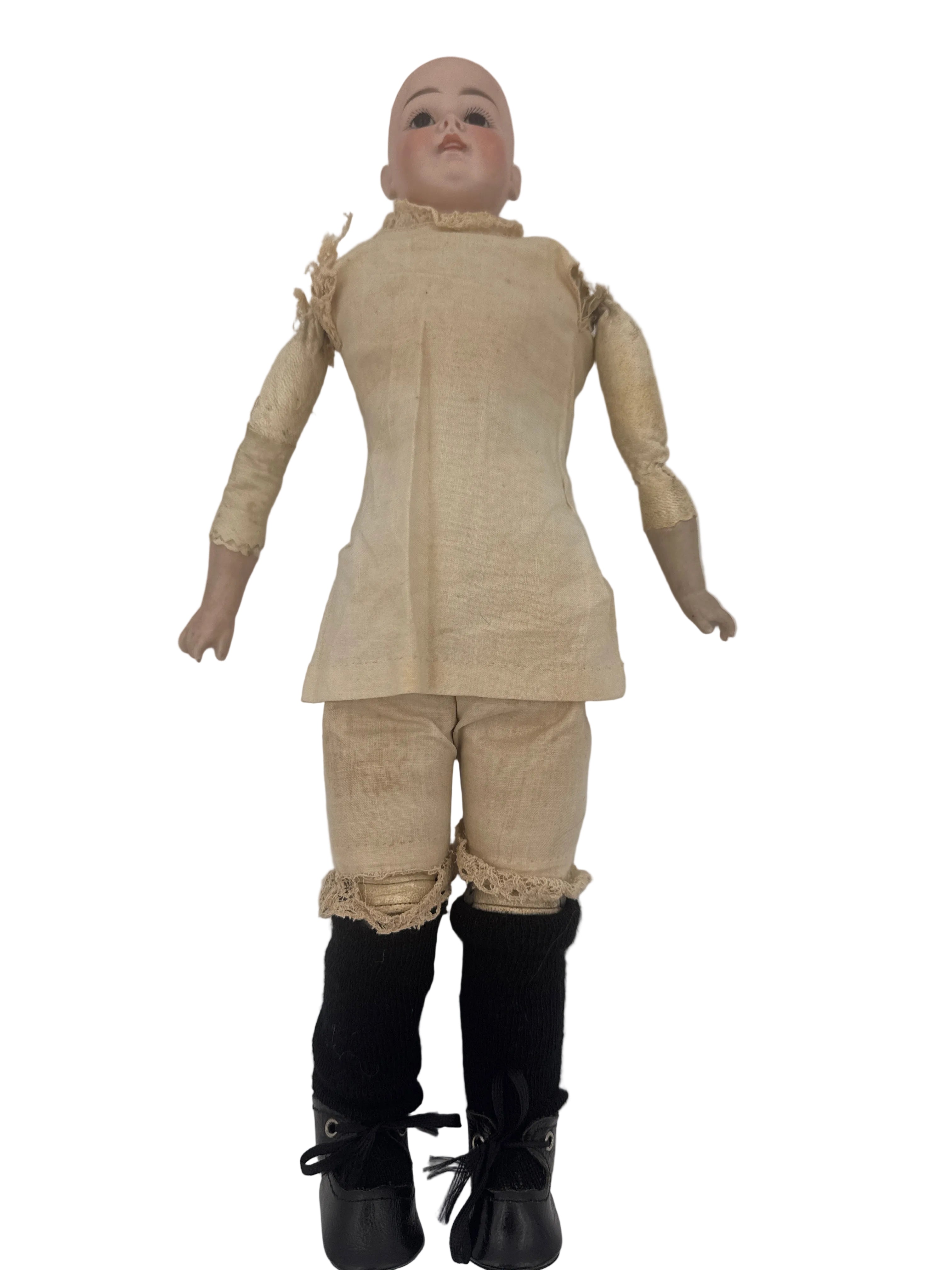 Antique German Kestner Bisque Doll with Original Leather Body, 17 Inches, Late 19th Century