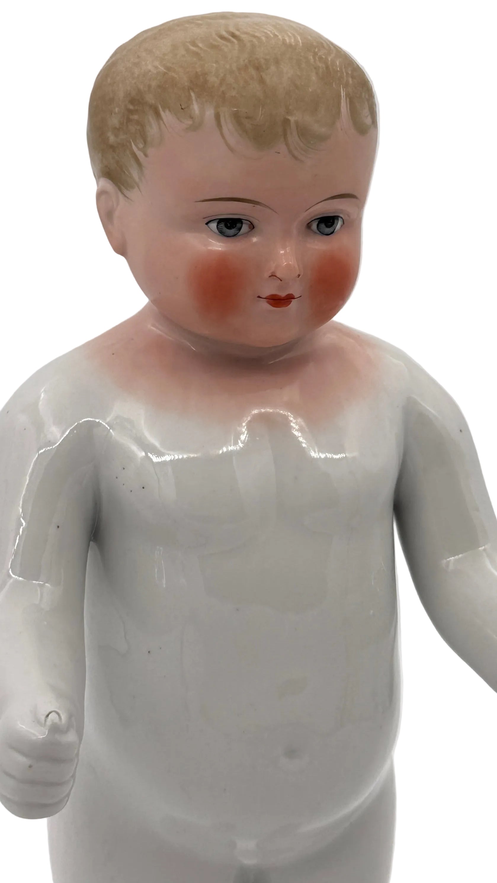 Large Antique German Frozen Charlie China Doll, 14 Inches — Blonde Molded Hair
