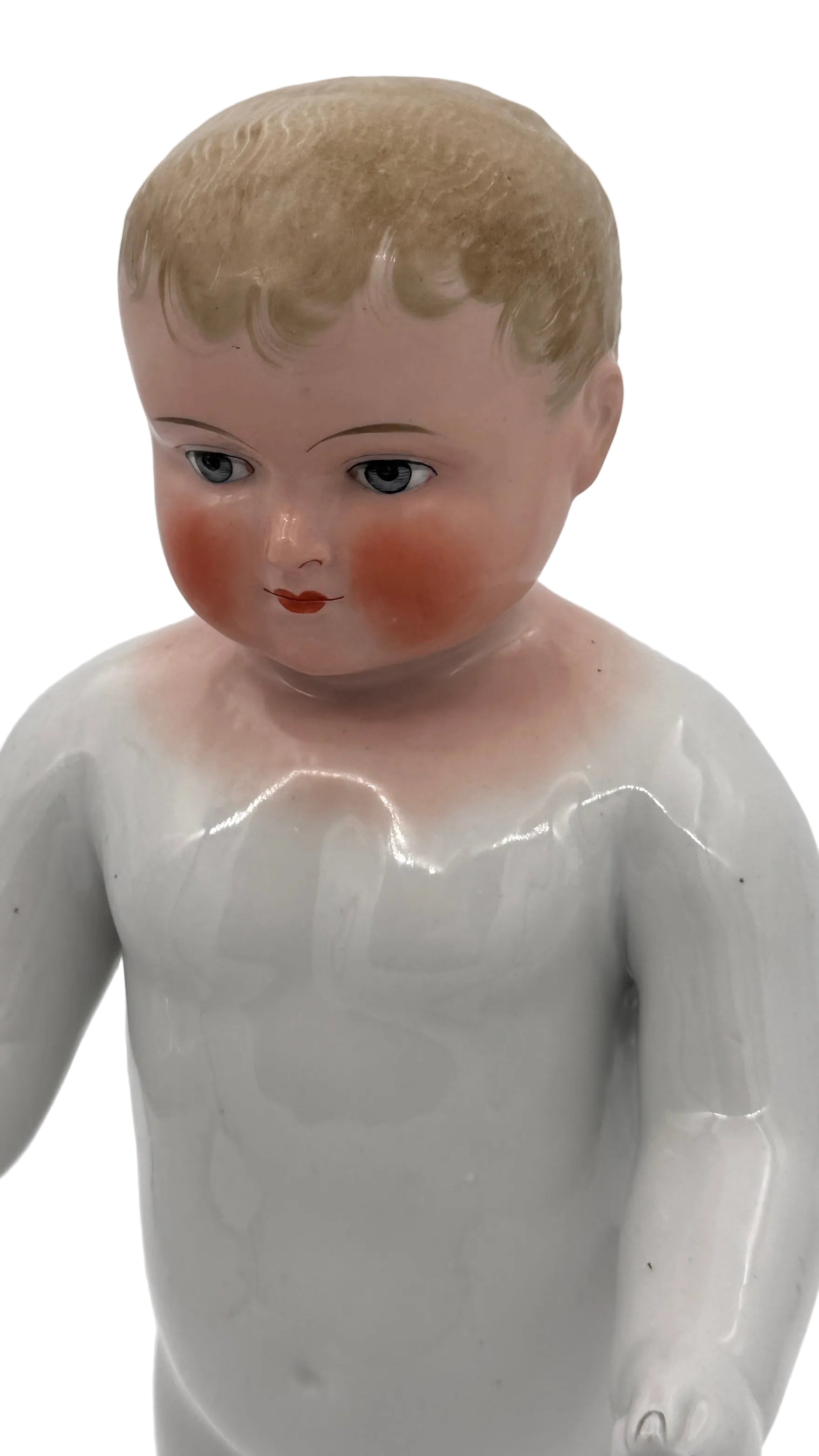 Large Antique German Frozen Charlie China Doll, 14 Inches — Blonde Molded Hair