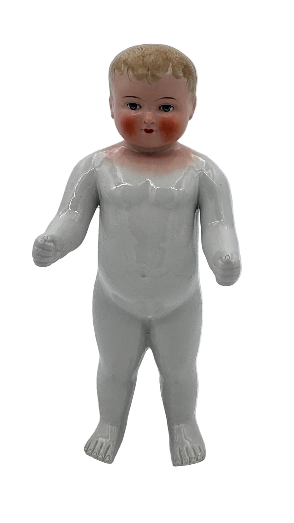 Large Antique German Frozen Charlie China Doll, 14 Inches — Blonde Molded Hair