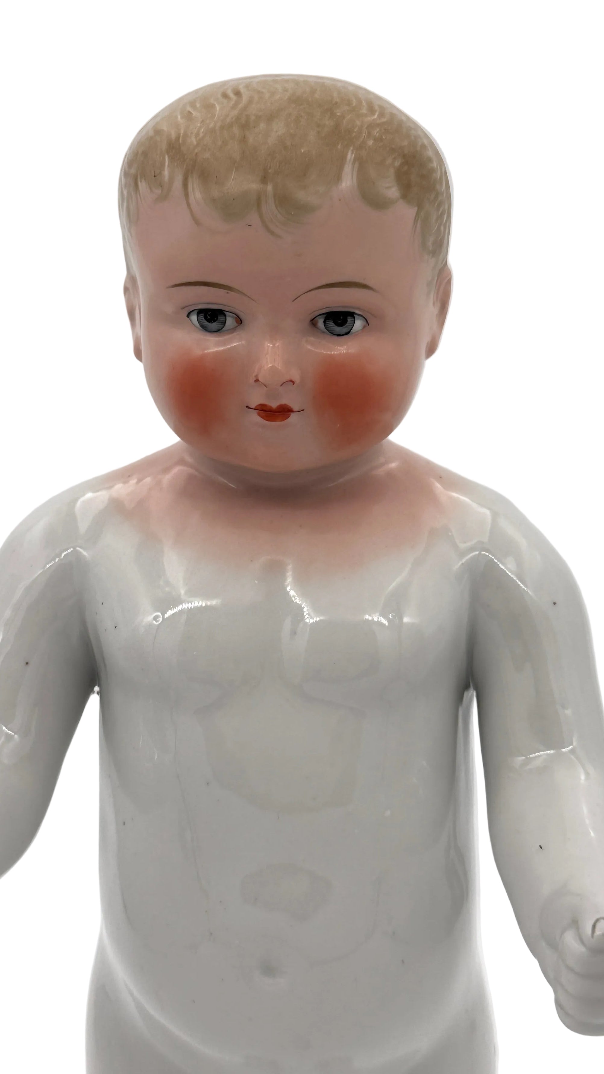Large Antique German Frozen Charlie China Doll, 14 Inches — Blonde Molded Hair
