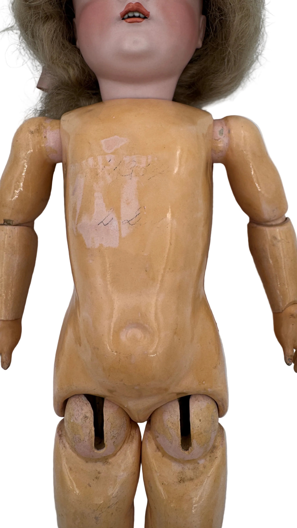 Rare Antique German J.D. Kestner 164 Bisque Doll, 21″ — Brown Sleep Eyes, Human Hair Wig & Marked Body