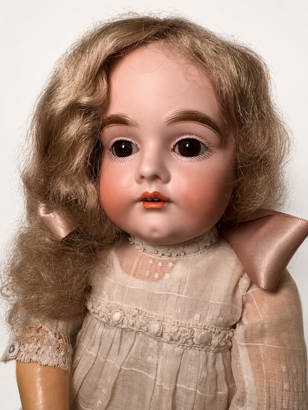 Rare Antique German J.D. Kestner 164 Bisque Doll, 21″ — Brown Sleep Eyes, Human Hair Wig & Marked Body