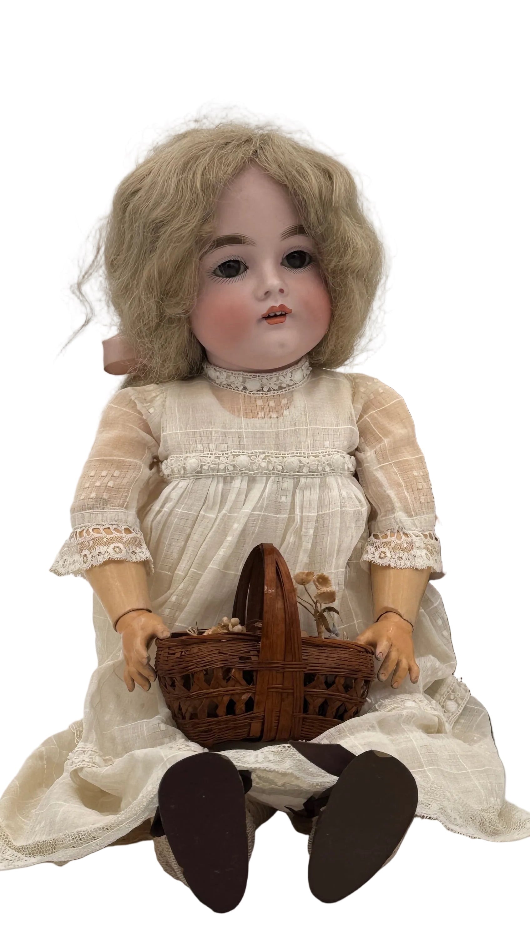Rare Antique German J.D. Kestner 164 Bisque Doll, 21″ — Brown Sleep Eyes, Human Hair Wig & Marked Body