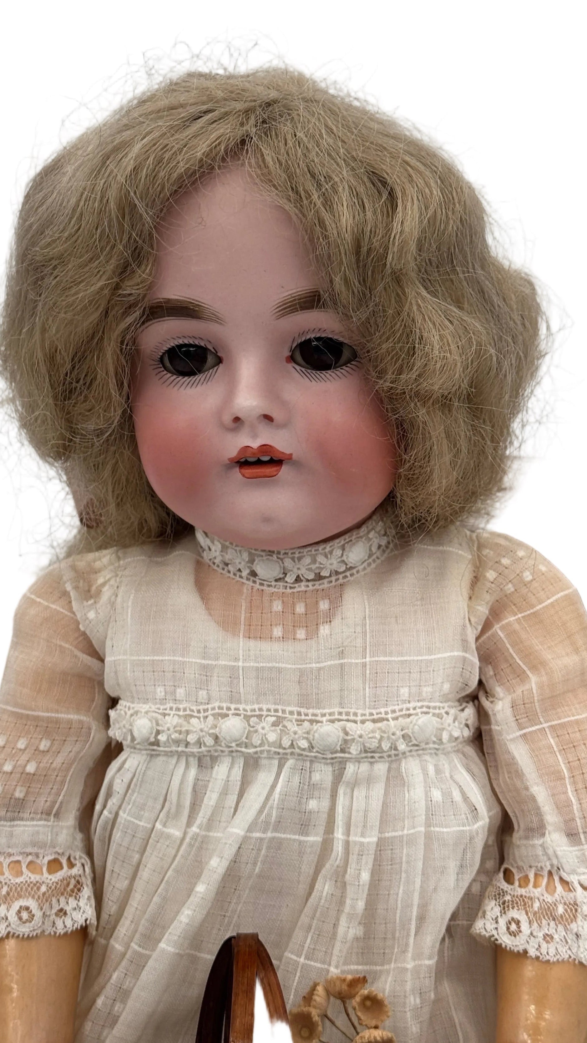 Rare Antique German J.D. Kestner 164 Bisque Doll, 21″ — Brown Sleep Eyes, Human Hair Wig & Marked Body