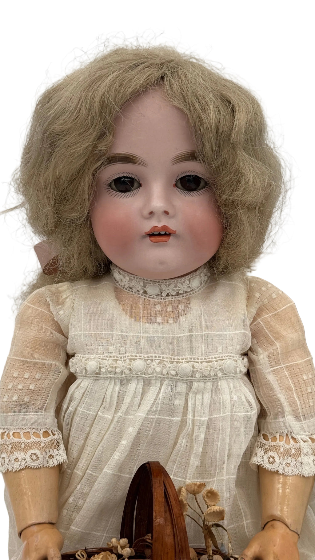 Rare Antique German J.D. Kestner 164 Bisque Doll, 21″ — Brown Sleep Eyes, Human Hair Wig & Marked Body