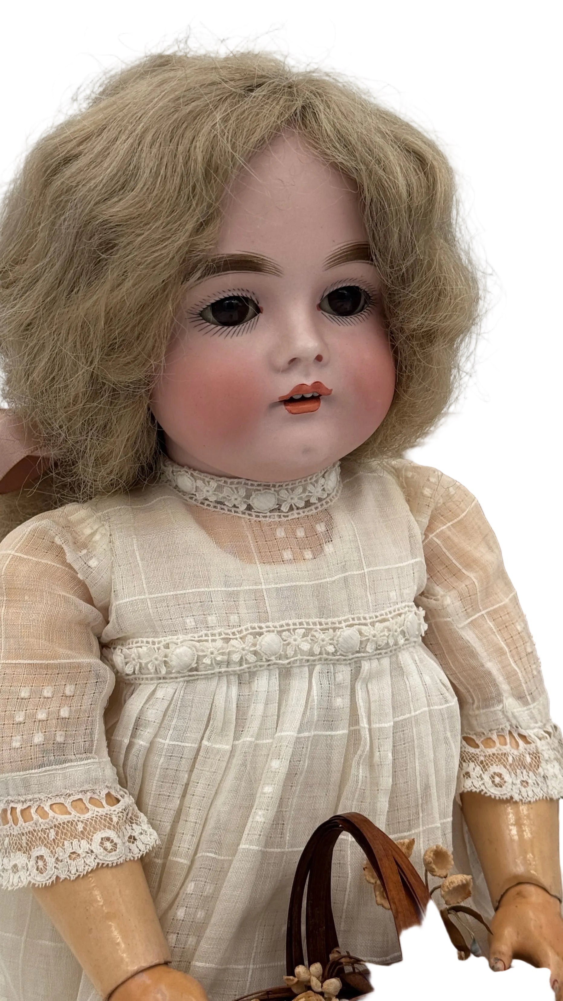 Rare Antique German J.D. Kestner 164 Bisque Doll, 21″ — Brown Sleep Eyes, Human Hair Wig & Marked Body