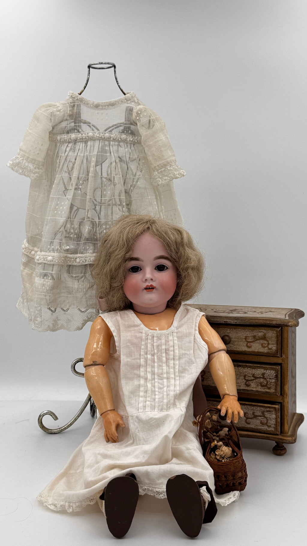 Rare Antique German J.D. Kestner 164 Bisque Doll, 21″ — Brown Sleep Eyes, Human Hair Wig & Marked Body