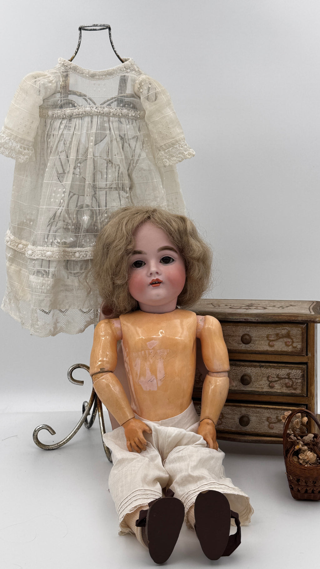 Rare Antique German J.D. Kestner 164 Bisque Doll, 21″ — Brown Sleep Eyes, Human Hair Wig & Marked Body