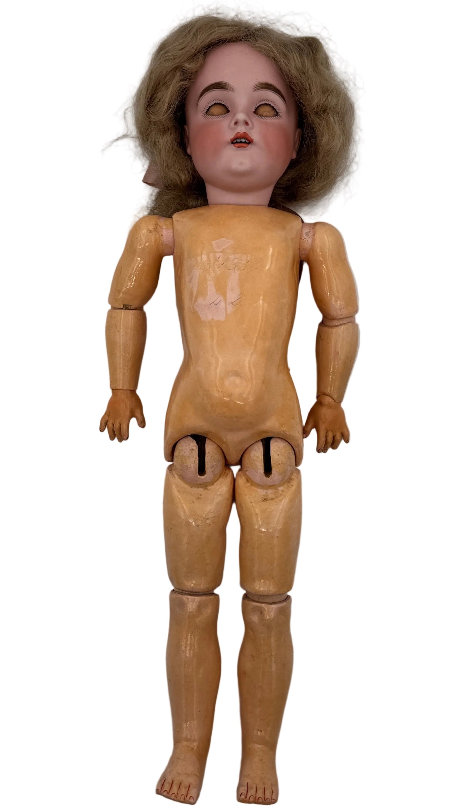 Rare Antique German J.D. Kestner 164 Bisque Doll, 21″ — Brown Sleep Eyes, Human Hair Wig & Marked Body