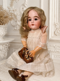 Rare Antique German J.D. Kestner 164 Bisque Doll, 21″ — Brown Sleep Eyes, Human Hair Wig & Marked Body