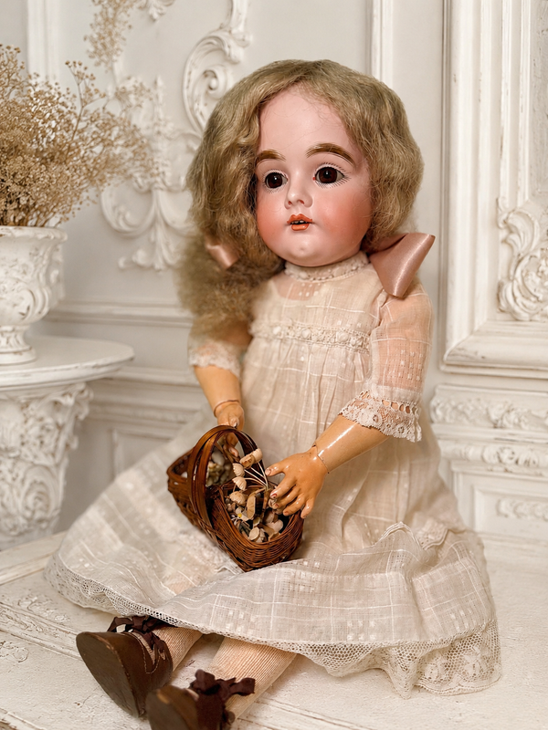 Rare Antique German J.D. Kestner 164 Bisque Doll, 21″ — Brown Sleep Eyes, Human Hair Wig & Marked Body — antique collectible doll