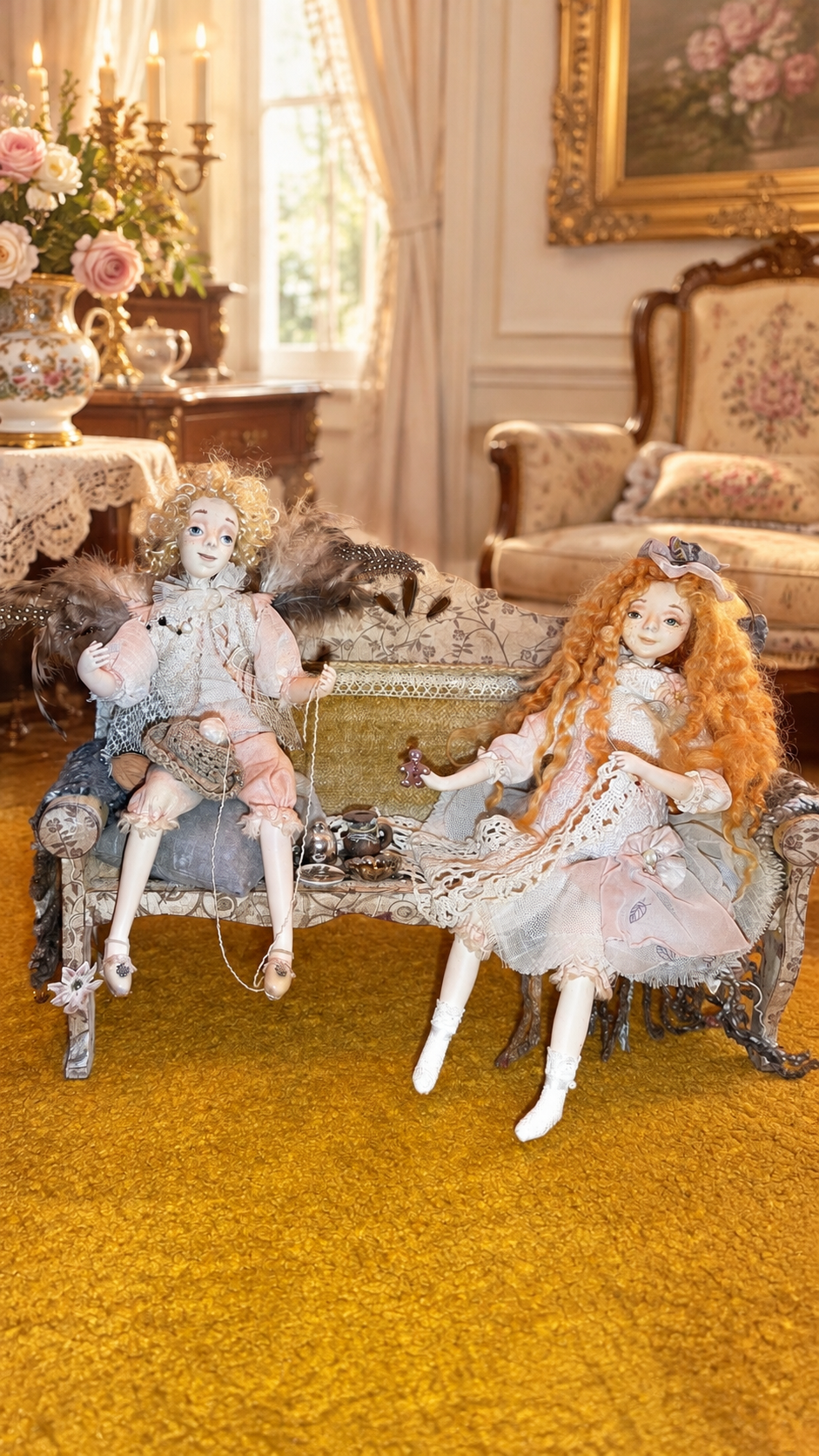 Vintage Style Art Composition “Angel and Iriska” | Handmade Papier-Mâché Interior Sculpture | Collectible Art Doll Scene — antique treasury collectible