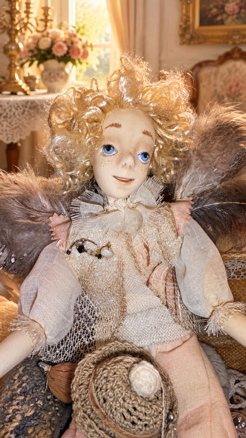 Vintage Style Art Composition “Angel and Iriska” | Handmade Papier-Mâché Interior Sculpture | Collectible Art Doll Scene — antique treasury collectible