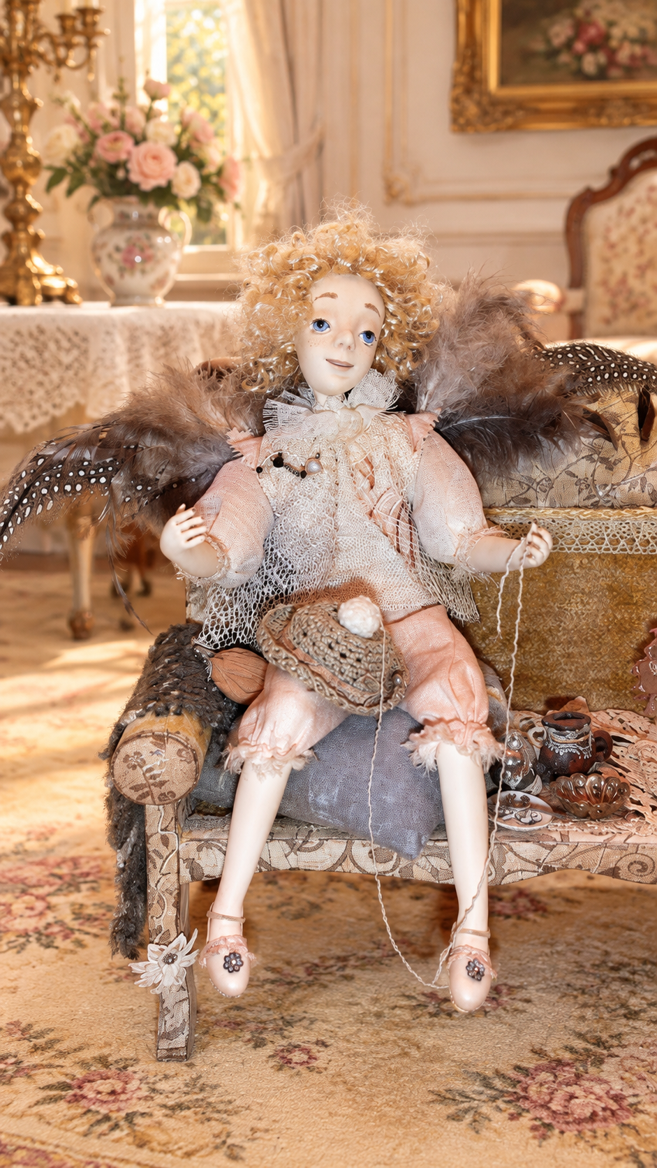 Vintage Style Art Composition “Angel and Iriska” | Handmade Papier-Mâché Interior Sculpture | Collectible Art Doll Scene — antique collector piece