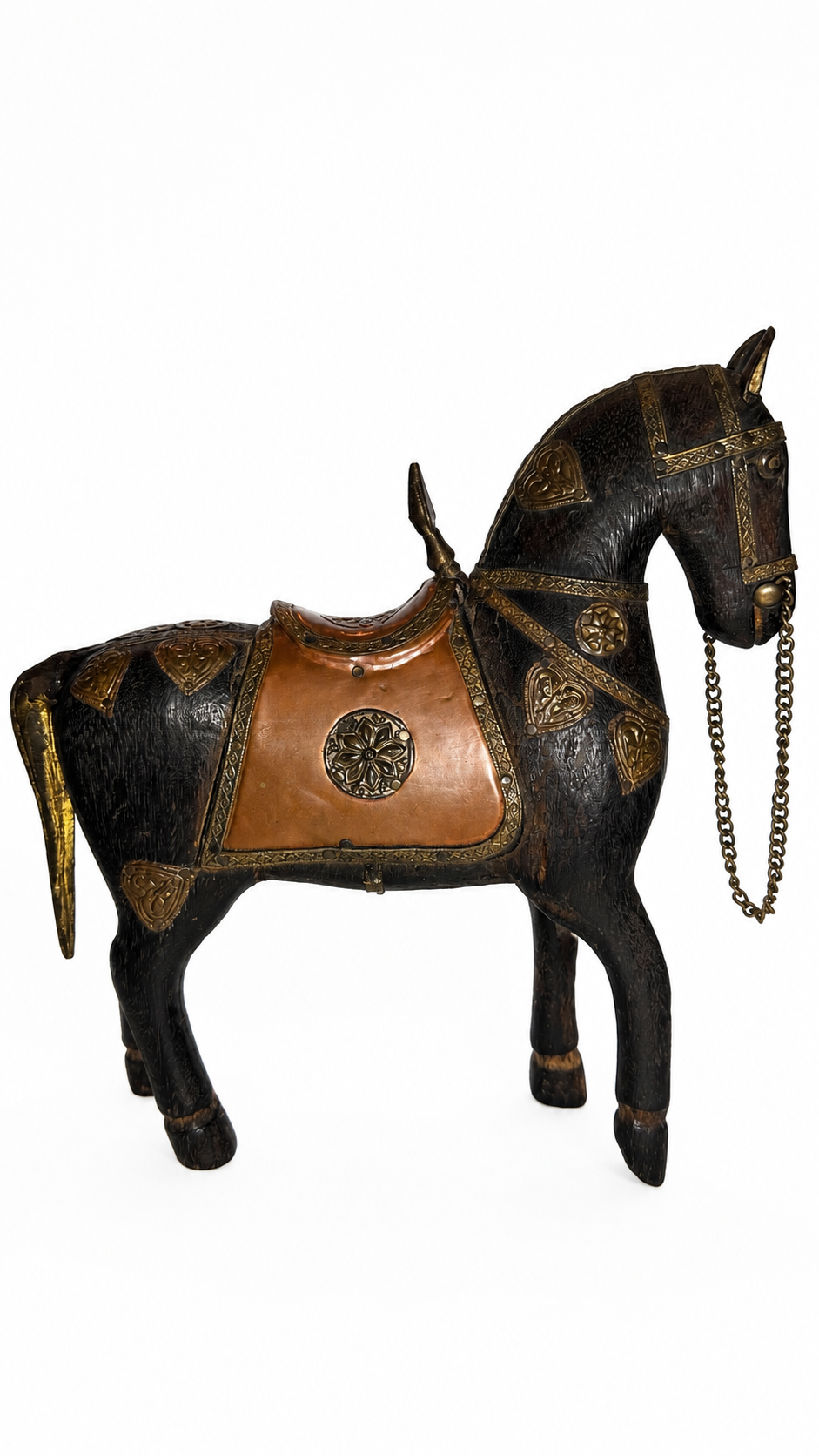 Vintage Wooden Horse with Embossed Metal Details, 1970s–1980s
