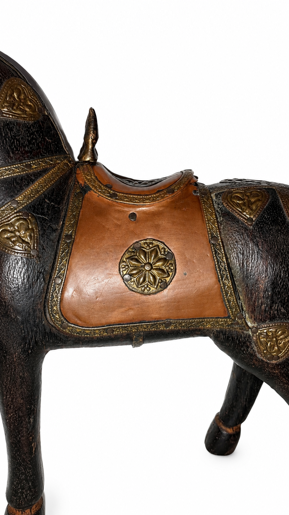 Vintage Wooden Horse with Embossed Metal Details, 1970s–1980s