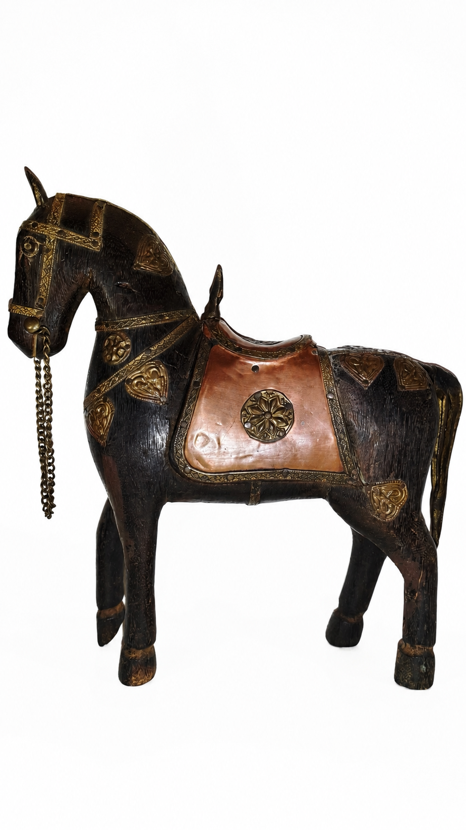 Vintage Wooden Horse with Embossed Metal Details, 1970s–1980s